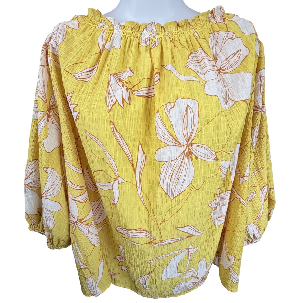 Ava & Viv Yellow Floral‎ Crinkle Blouse 1X Off Shoulder Balloon Sleeve Plus